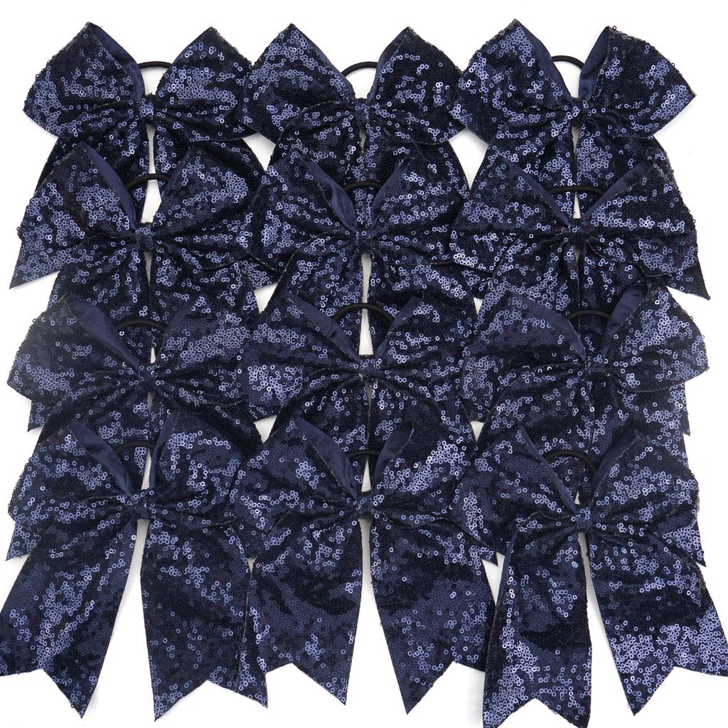 12Pcs 7.5' Bling Sparkly Glitter Sequins Pigtail Bows for Kid Girls Large Cheerleading Bows Ponytail Holder Elastic Hair Ties