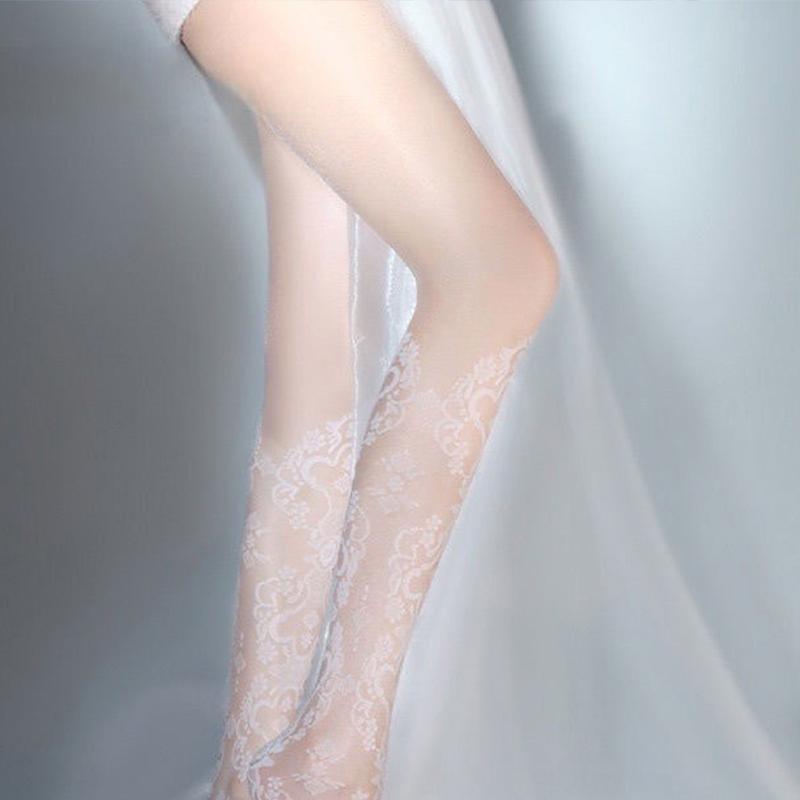 Weiße, hauchdünne Seidenstrümpfe mit hohlem Blumenmuster und Spitze, sexy Print, elegante Modestrumpfhose
