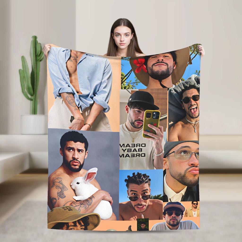 Bad Bunny Puerto Rican Rapper Portrait Blanket Warm Fashion Plush Throw Blanket For Child Bedroom Flannel Bedspread Bed Cover