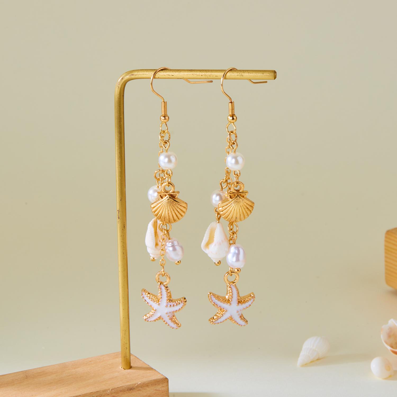 Ocean Inspired Starfish Shell Drop Earrings for Women Pearl Style Beach Dangle Earrings Summer Vacation Jewelry