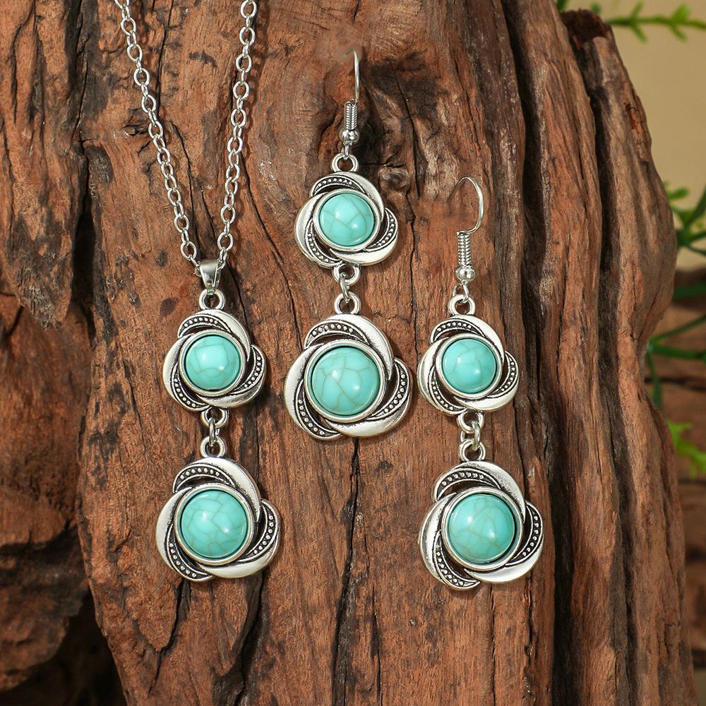 Vintage Damenohrringe Halskette Set Türkisohrringe Ethnischer Anhänger Ohrhaken Anhänger Strandparty Schmuck Zubehör Geschenke