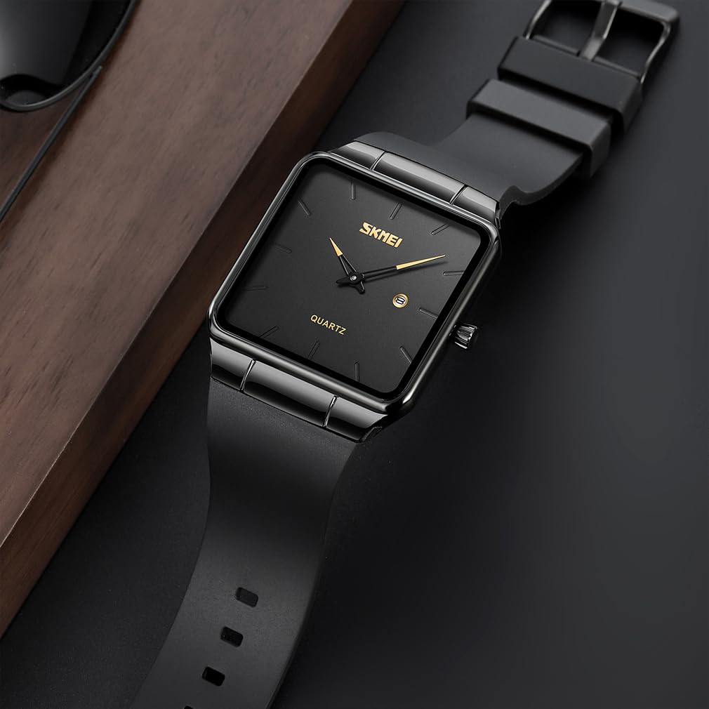 Square Watch Men Leather Strap Black Simple Slim Stylish Wristwatch Gentleman Waterproof Business Casual Male Gift Black Wach for Men