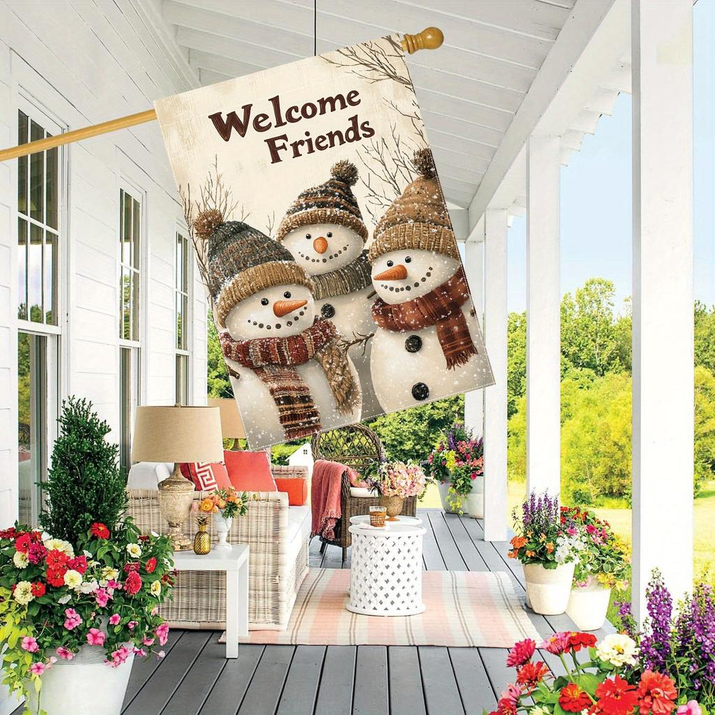 1pc Double-Sided Polyester Garden Flag, "Welcome Friends" Snowman Design, Outdoor Yard Decor, Lawn Flag for Festive Home Decor
