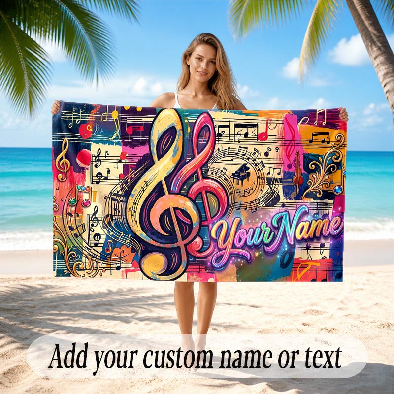 Music Theme Quick Dry Beach Towel Custom Name Text Print Large Sand Resistant Towel Beach Vacation