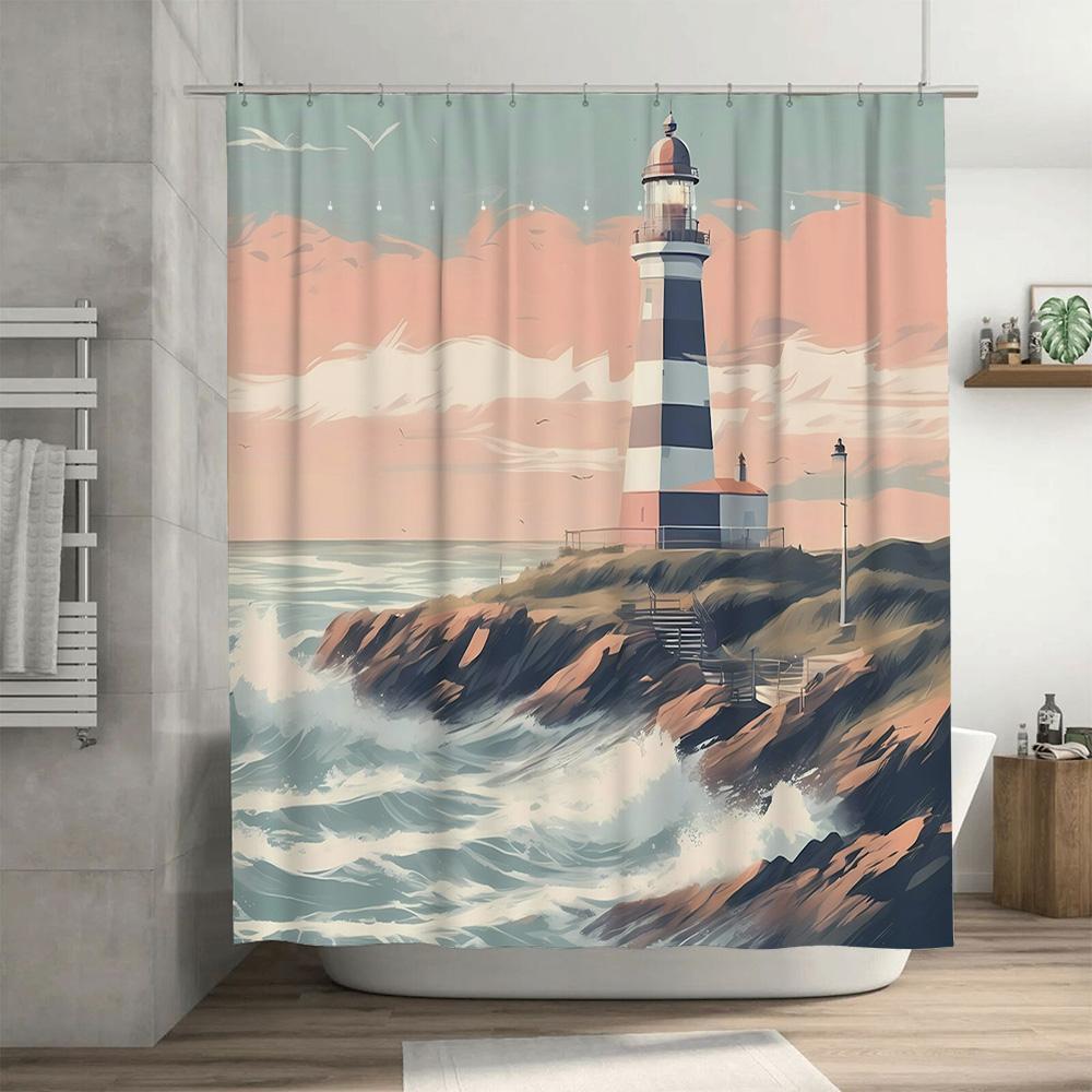 Beach Bath Shower Curtain with Lighthouse Print for Bathroom Decor Waterproof Fabric in Pink Blue Colors Perfect Gift Idea for H