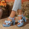 2025 Summer Women's Sandals Platform Bow Tie Buckle Strap Dress Sandals Chunky High Heel Shoes Blue Denim Outwear Shoes