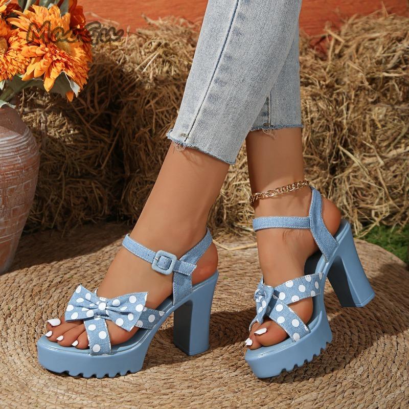 2025 Summer Women's Sandals Platform Bow Tie Buckle Strap Dress Sandals Chunky High Heel Shoes Blue Denim Outwear Shoes