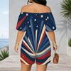 Women Plus Size Off Shoulder Short Sleeve Romper Abstract Liquid Marble Swirl Print Casual Jumpsuit Shorts