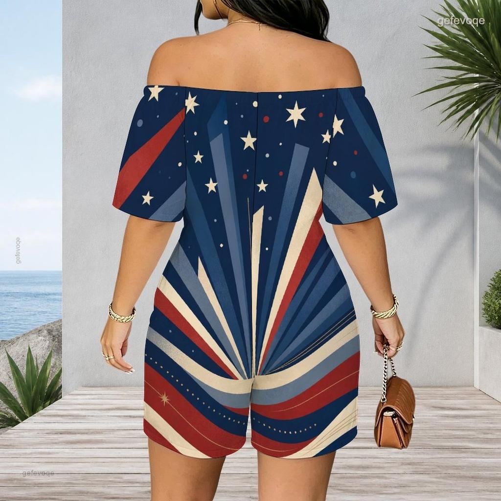 Women Plus Size Off Shoulder Short Sleeve Romper Abstract Liquid Marble Swirl Print Casual Jumpsuit Shorts