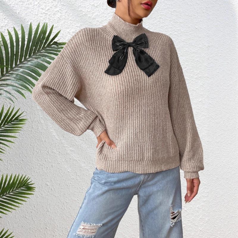 Women's Top Half Turtleneck Pullover Sweater Mesh Bow Splicing Mixed Color Velvet Autumn and Winter Base Shirt