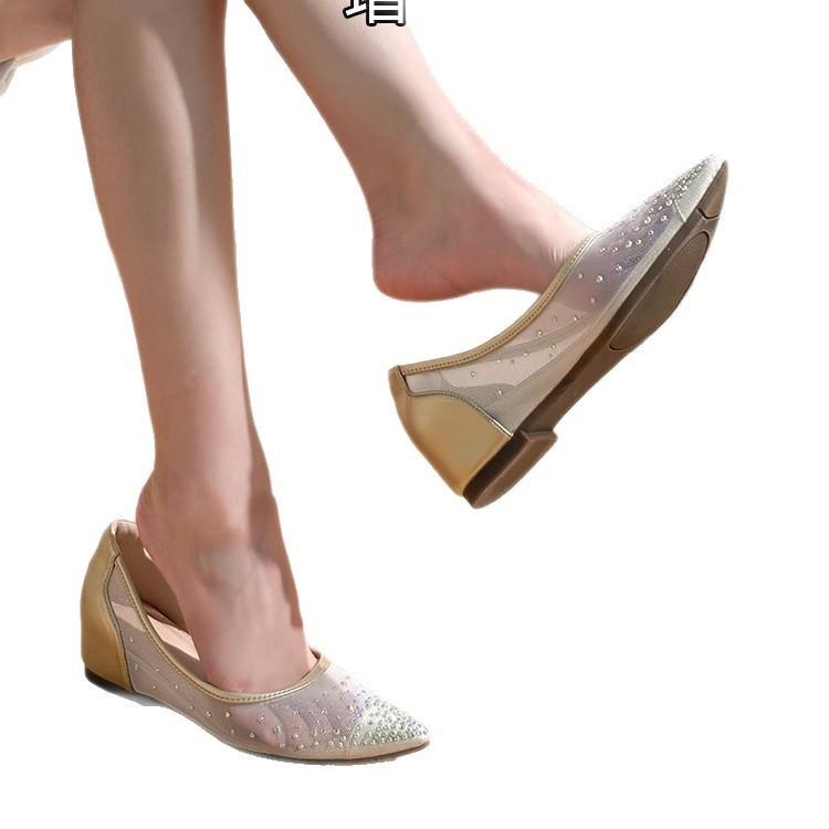 Mesh Pointed Inner Height Increase Shallow Mouth Single Shoes 2025 Spring and Summer New Versatile Rhinestone Breathable Sandals Fashion Flat Shoes