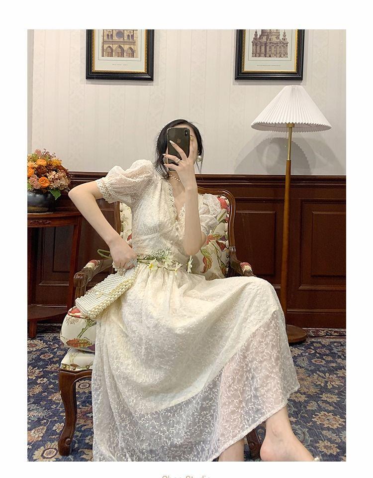 Einteiliges Kleid Koreanische V-ausschnitt Elegante Vintage Kleid Frauen Puff Hülse Spitze Kleid Abend Party Kleid Frauen 2021 Sommer chic