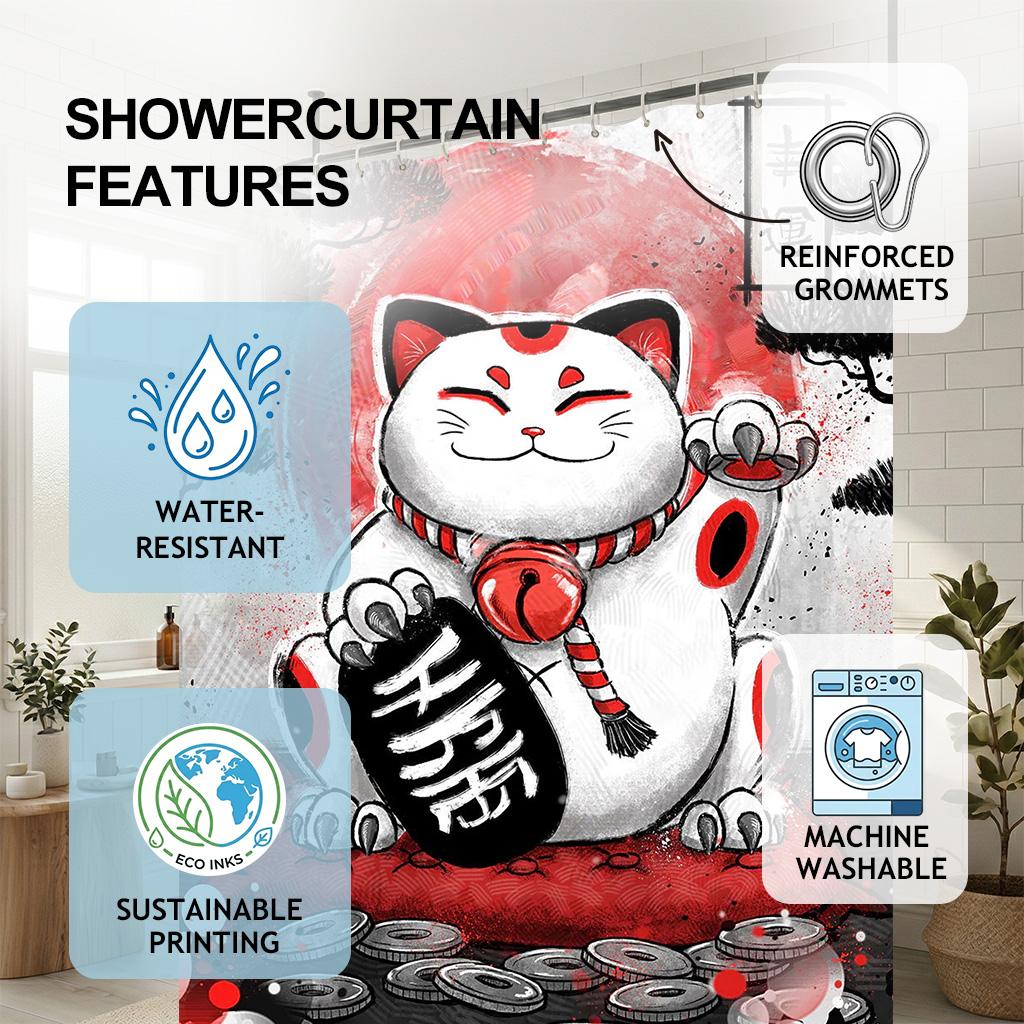Lucky Beckoning Cat Shower Curtain - Creative Japanese Maneki Neko Art - Indoor Home Bathroom Decor Artistic Bath Curtain
