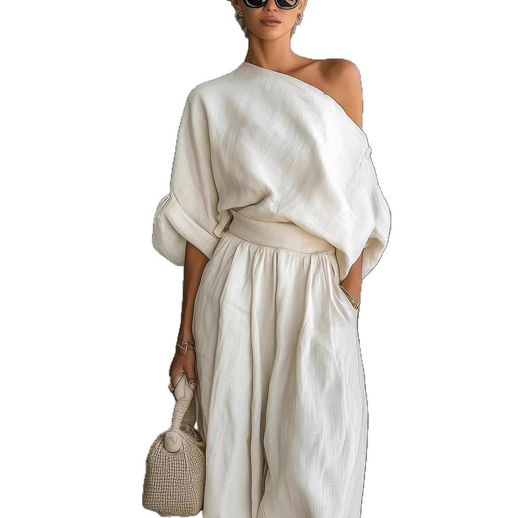 Spring 2026 European Casual Loose Cotton Linen Set: Wide-Leg Lantern Pants & Top