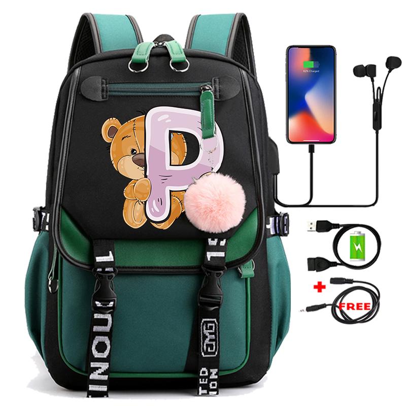 Lovely Little Bear 26 English Letters Student School Bag Backpack Outdoor Teenage Girl Cartoon Bookbag Laptop Travel Rucksack