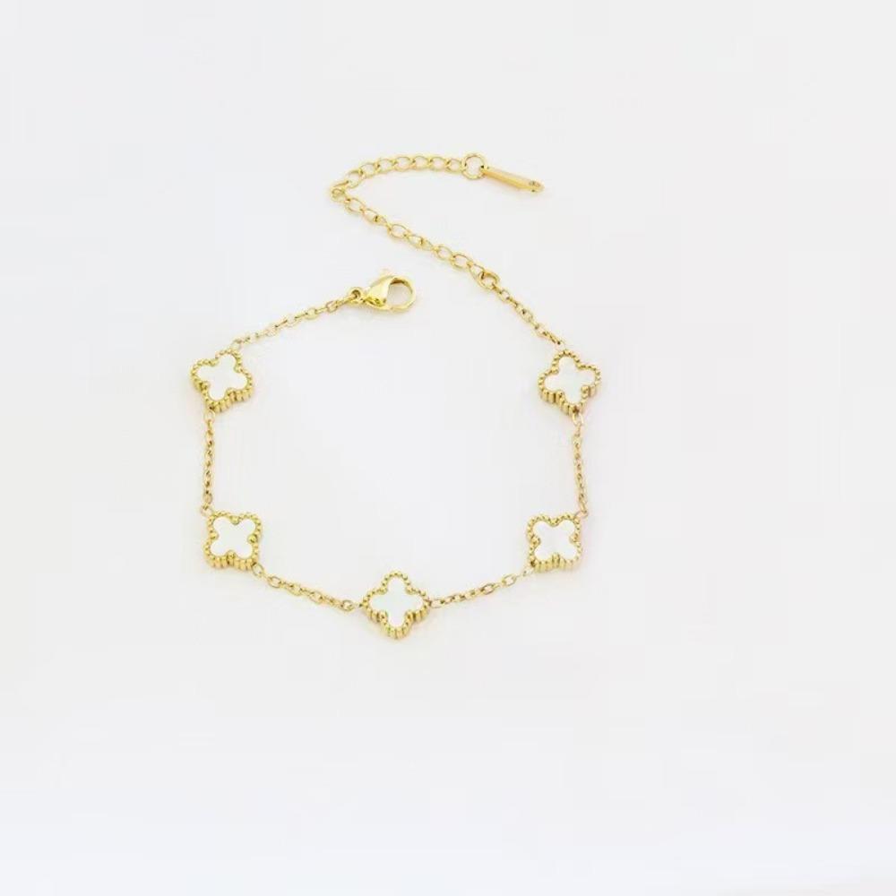 Титановая сталь 9 мм Мини-браслет  Четырехлистный клевер  с цветком из натурального белого перламутра, не тускнеющий женский браслет 18K