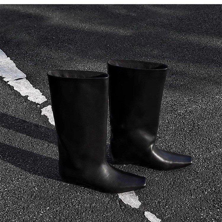 Cowhide version~ autumn and winter new Korean version of simple square head versatile temperament low heel knight boots women's sleeve medium