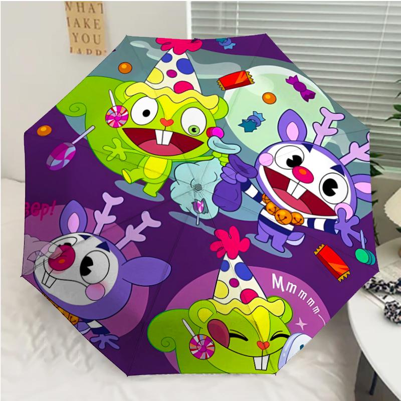 Happy Tree Friends3 Print Automatic Umbrella, 8 Rib Iron Frame, Plastic Handle, Suitable for Outdoor Travel &Daily , Ideal Gift