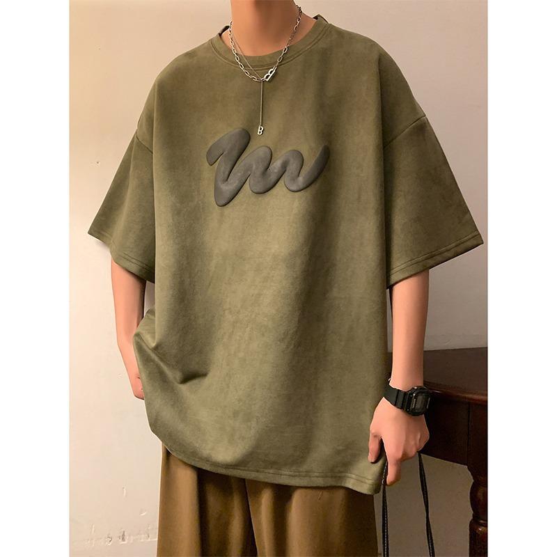 Mens Summer Latest American Five-quarter Sleeve T-shirt Comfortable Fit Trend Versatile Half-sleeve Crew Neck T-shirt