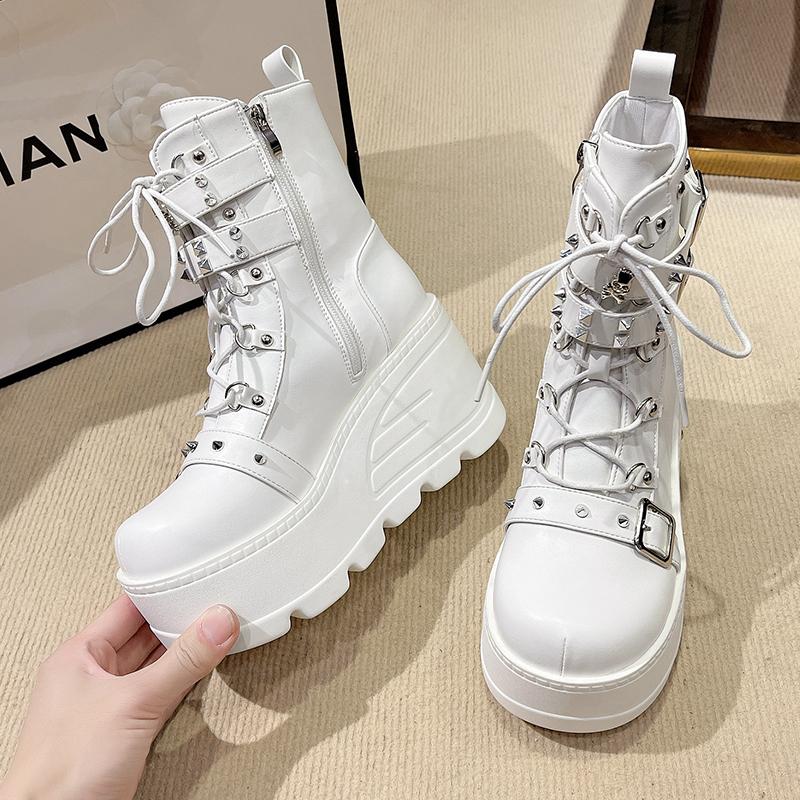 Fashion Platform Boots Goth for Women Lace up Wedge Heel Buckle Ankle Booties Studded Short Motorcycle Boots with Zipper White