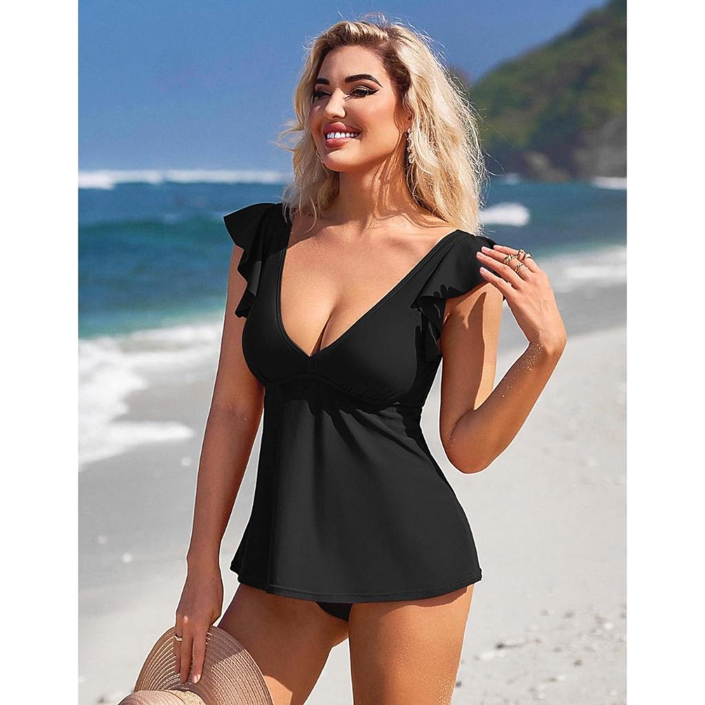 CHARMLEAKS Women Tankini Top Ruffled Shoulder Bathing Suit Top V Neck Swimsuit Top Flowy Bikini Tank Top