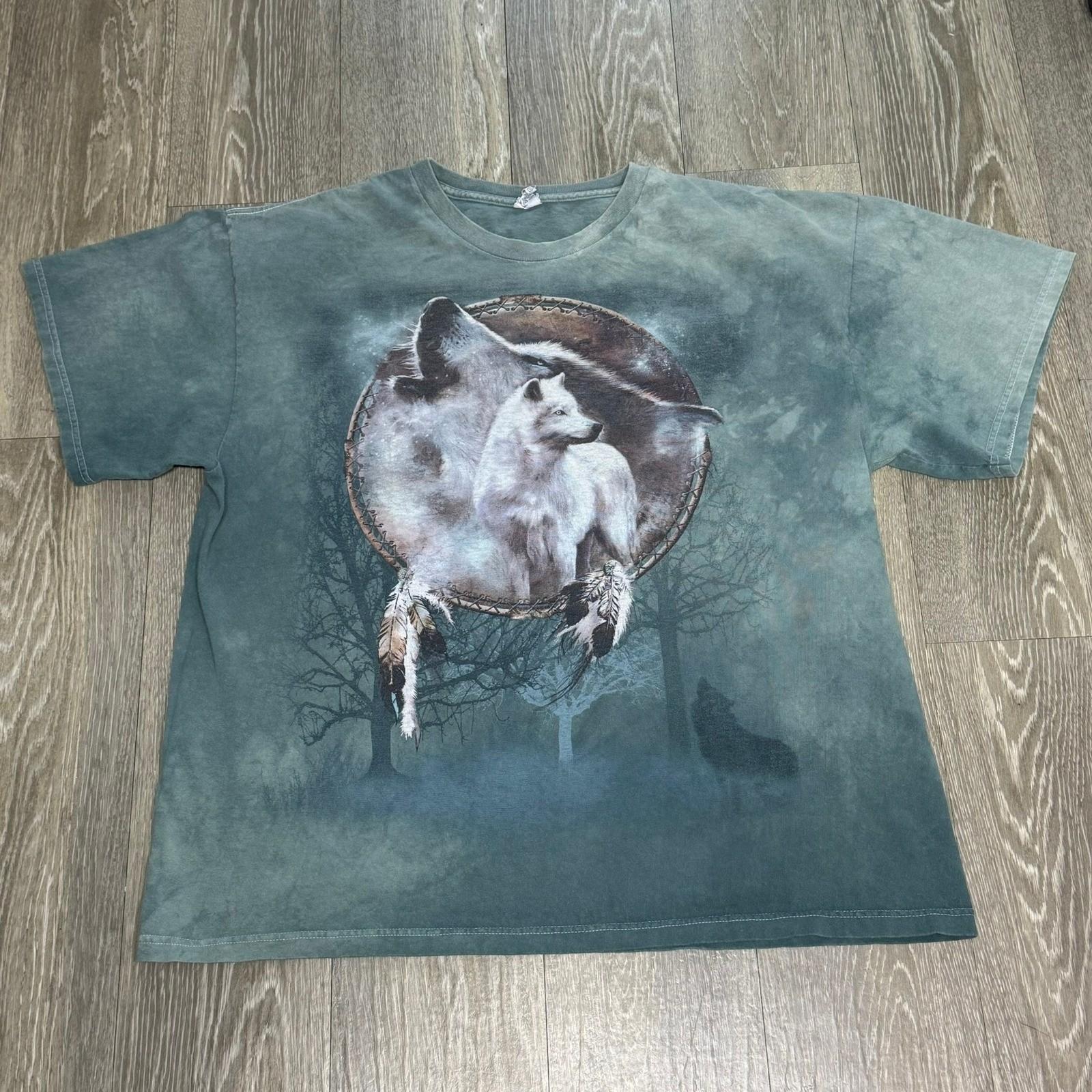 Vintage Y2K Wolf Dreamcatcher Graphic T-Shirt Green Tie Dye Nature XL XL