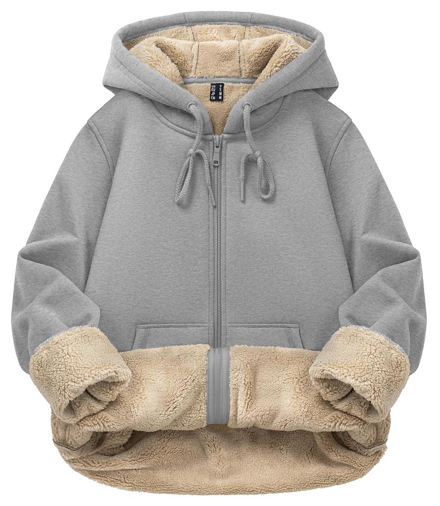 TACVASEN Cold Weather Warm Solid Light Size M Women's Fleece-Lined Zip-Up Sweatshirt, Jacket, Hoodie, Thick, Boa-Lined, Loose-Fit, Color, Gray,