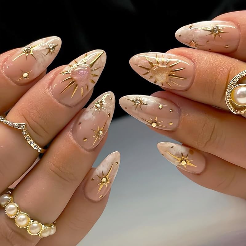 Flower Press on Nails Short Almond Fake Nails Spring Summer Nails Shell French Tip False Nails Press ons with Pearl Design Glossy Acrylic Reusable