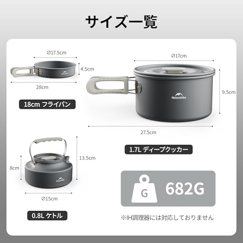 Naturehike Official Store Aluminum Cookware Set - Camping Cookware Outdoor Dish Set 3-Piece Set: Frying Pan, Kettle, Pot - Lightweight, Compact Cookwa