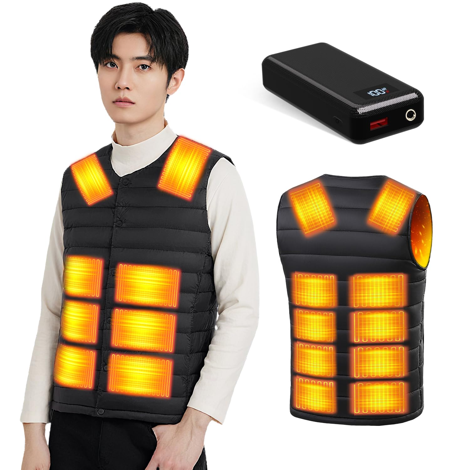 

roasicee Electric Heated Vest Battery Neck Made in 3 Temperature Fast Innerwear for Men and Women [40,000mAh & V-Neck/Round Switchable] Japan, USB/DC