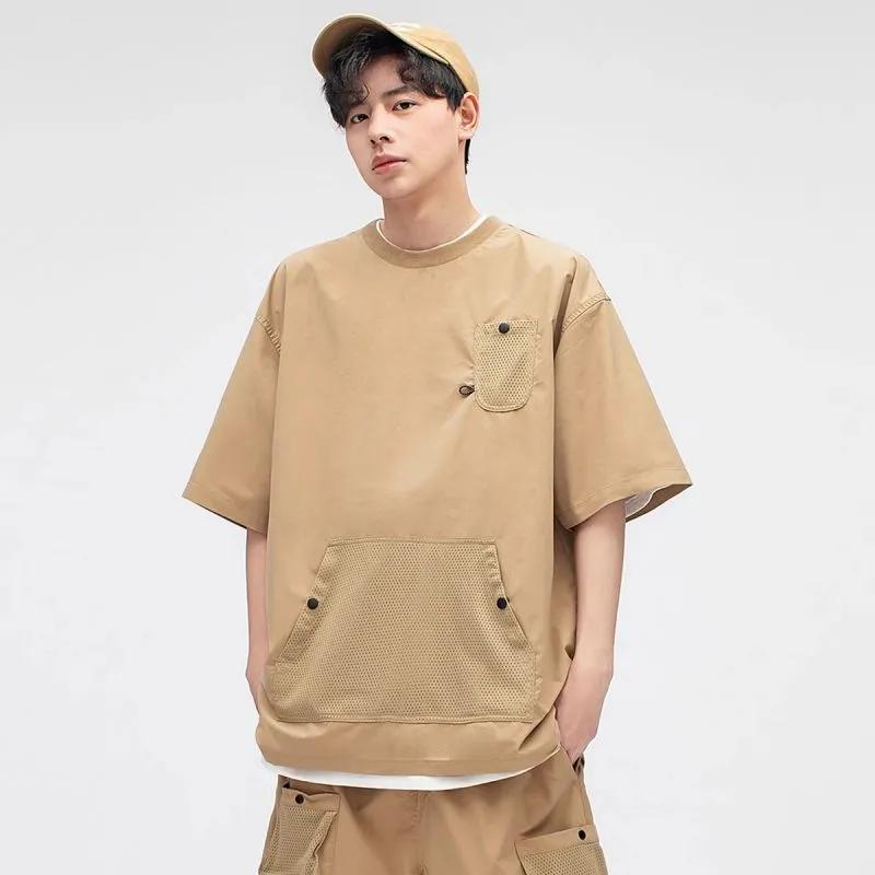 Men s Oversized Navy T-Shirt With Mesh Pockets Casual Crew Neck Utility Top L хаки