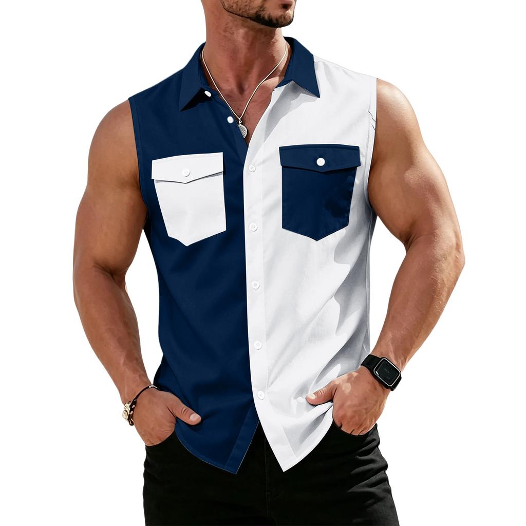 Men's Workwear Lapel Button-Down Vest Shirt - Lightweight Sleeveless Top