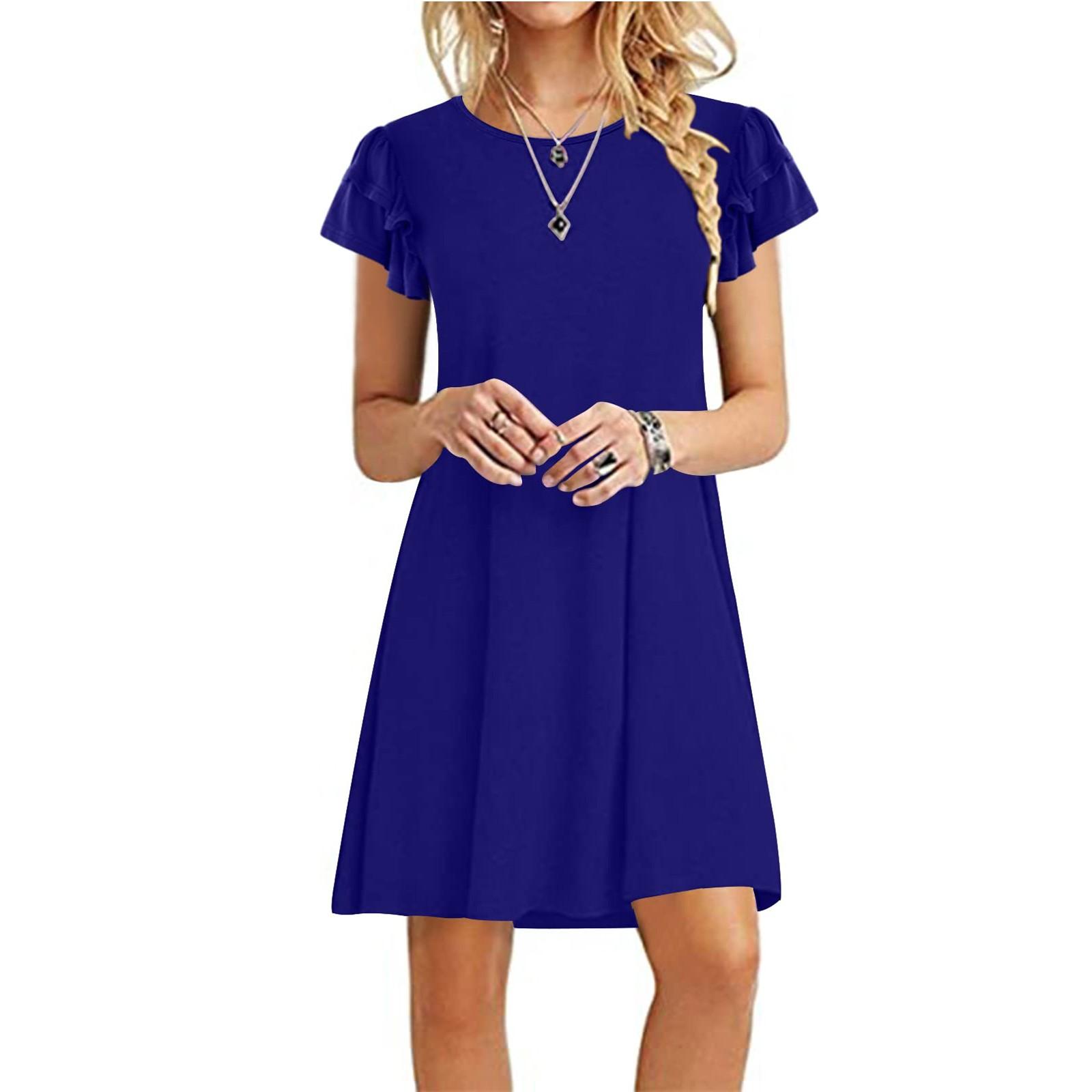 Женское летнее винтажное однотонное свободное платье с круглым вырезом и баской — фото 7