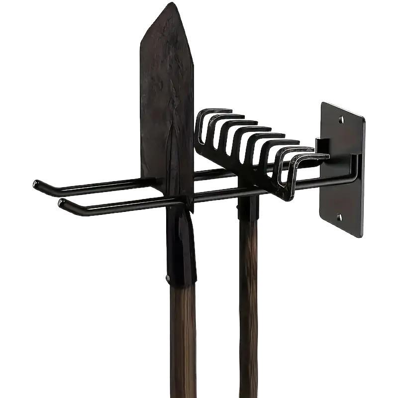 Wall-Mounted Carbon Steel Shovel & Broom Rack - Space-Saving Garden Tool Organizer with Hooks.