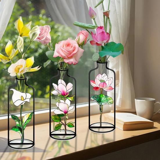 4 Pcs Wire Flower Vases Hollow Desktop Planter with Stained Glass Floral Design Hydroponic Propagation Station Flower Holder for Home Wedding Decor