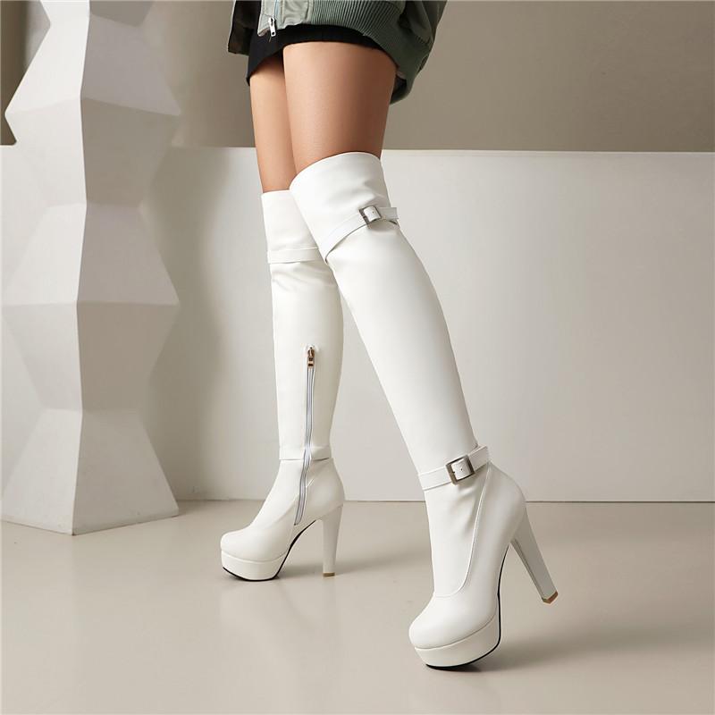 Women's High-heeled Boots, Sexy European and American Style Waterproof Platform Thick Heel Solid Color Large-size Knee Boots