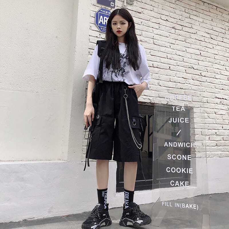 Damskie spodenki cargo letnie cienkie pięciopunktowe spodnie modne casualowe oversize doly vintage hip hop kombinezony streetwear odzież damska