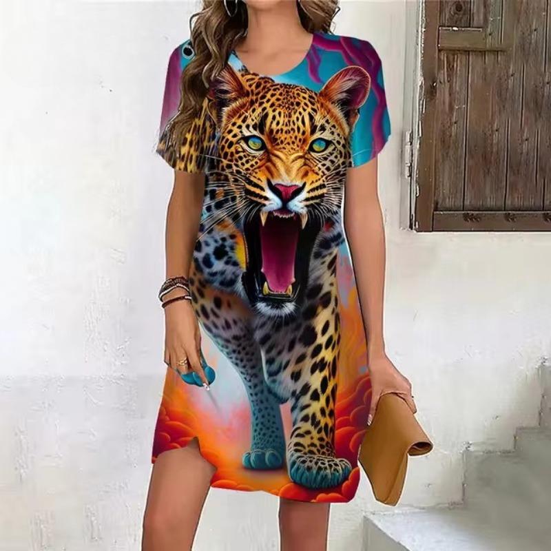 

Платья с тигровым принтом для женщин, повседневное винтажное платье с 3D-принтом, женское модное платье с коротким рукавом и большими размерами, летняя одежда XL