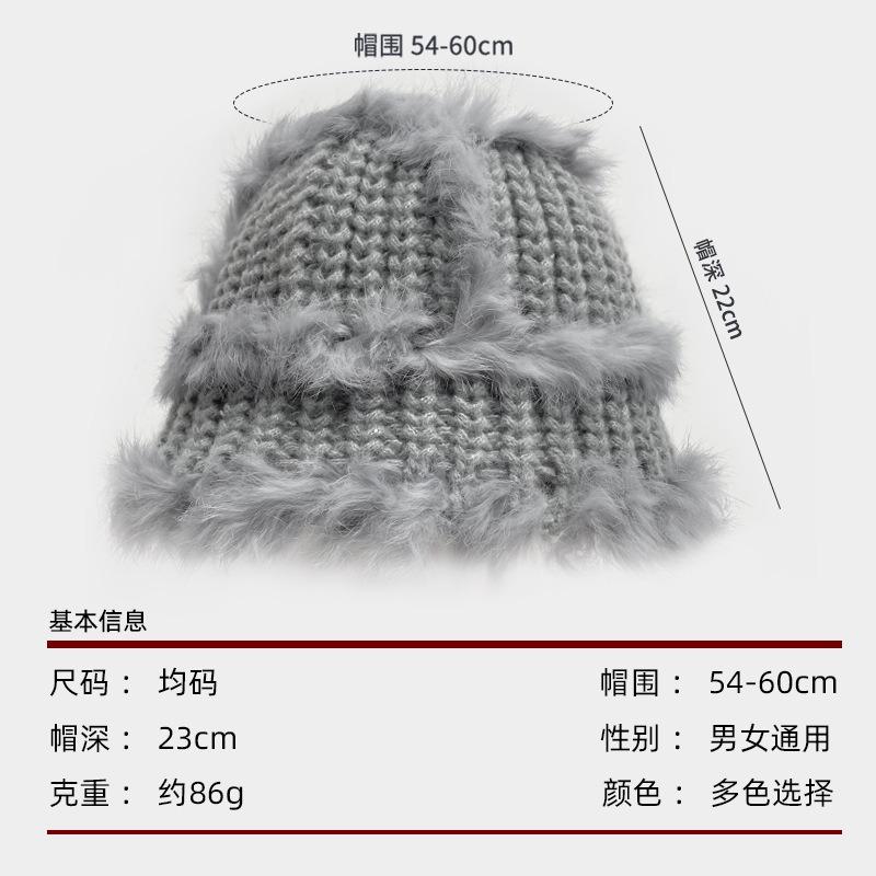 Rabbit hair knitted fisherman's hat children's winter big head circumference ear protection wool hat thickened warm face small bucket hat