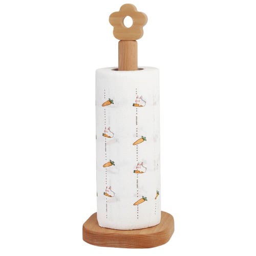 AIDUCHO Wooden Kitchen Paper Holder, Paper Towel Holder, Roll Holder, Freestanding Kitchen Utensil Storage Item, One-Hand Tear (Wood Color, Flower Pat