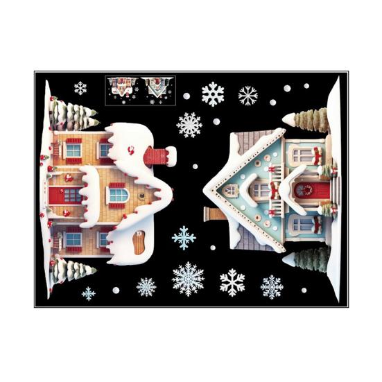 Christmas Double House Window Cling Removable Waterproof PVC Merry Christmas Winter Cabin Static Glass Sticker Holiday Party Decoration Decal