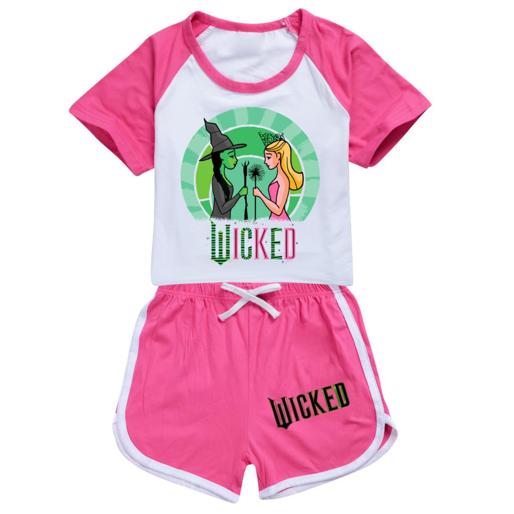 Kids Girls Witch Print Short Sleeves T-Shirt Shorts Pants Sport Clothes Set
