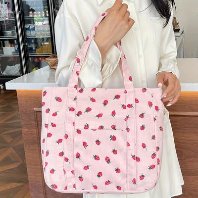 Pink Strawberry Pattern Corduroy Women'S Handbag - Casual Style, Fixed Shoulder Strap, Zipper Closure, Perfect for Work, Shopping Casual Handbag