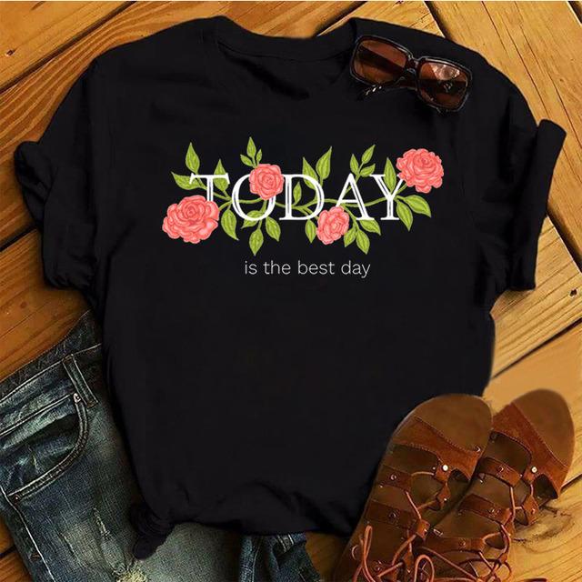 Fashion Women T Shirt Flower Printed T Shirt Casual Black Tops 90s Ladies Girl Tee Shirt Female Harajuku Graphic T -Shirt