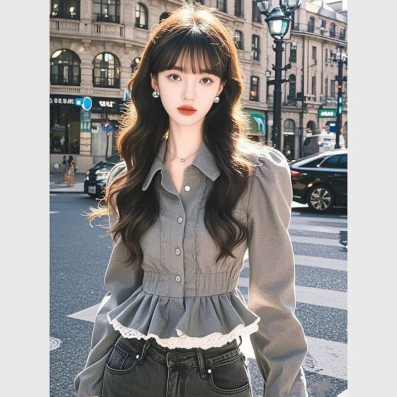 Cămașă Chic Franceză cu Volane și Dantelă, cu Mâneci Lungi - Design Trendy, Versatil și Anti-Îmbătrânire