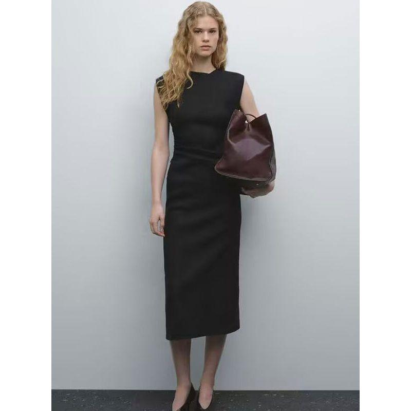 MD Women's Clothing Minimalist Fancy Waist-Tight Mid-Length Sleeveless Dress Linen Black Dress Female 06648589800