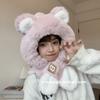 Cute letters bear ears hat scarf integrated female winter student warm fleece thickened two-piece set