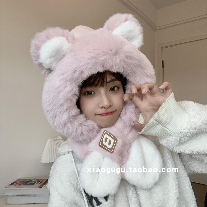Cute letters bear ears hat scarf integrated female winter student warm fleece thickened two-piece set