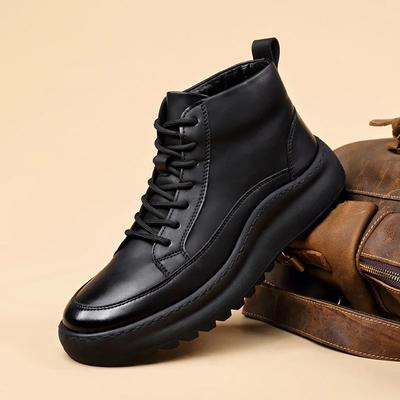 Fashion Autumn Winter Leather Platform Plus Velvet Boots for Men Fashion Soft-soled Casual Black Men's Ankle Boots Designer Board Shoes