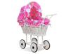 Hoge rieten poppenwagen met roze beddengoed en voering - wit